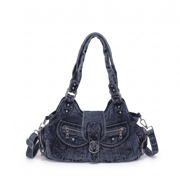 Women's Washed Denim Shoulder Bag, Washed Black Y2K Studded Moto Bag — Indigo