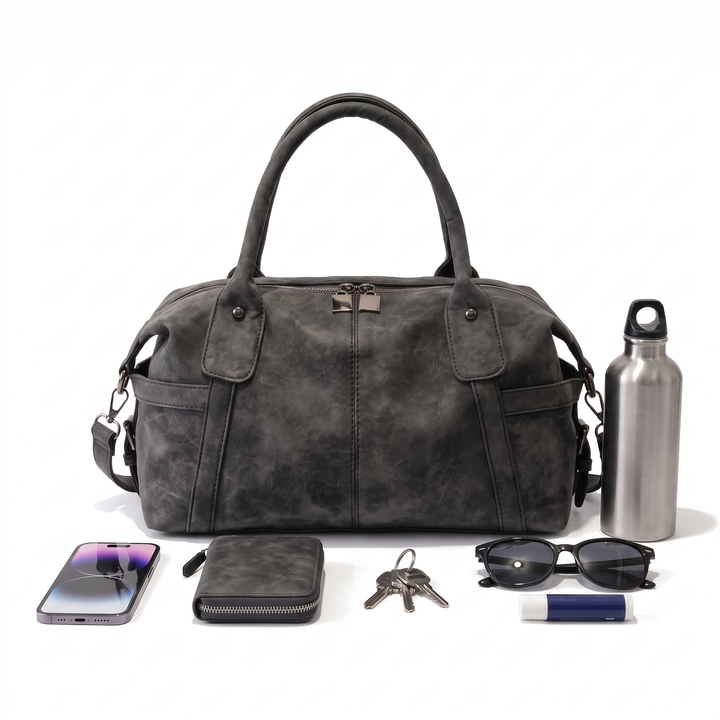 Women's Washed Faux Leather Boston Bag, what fits inside