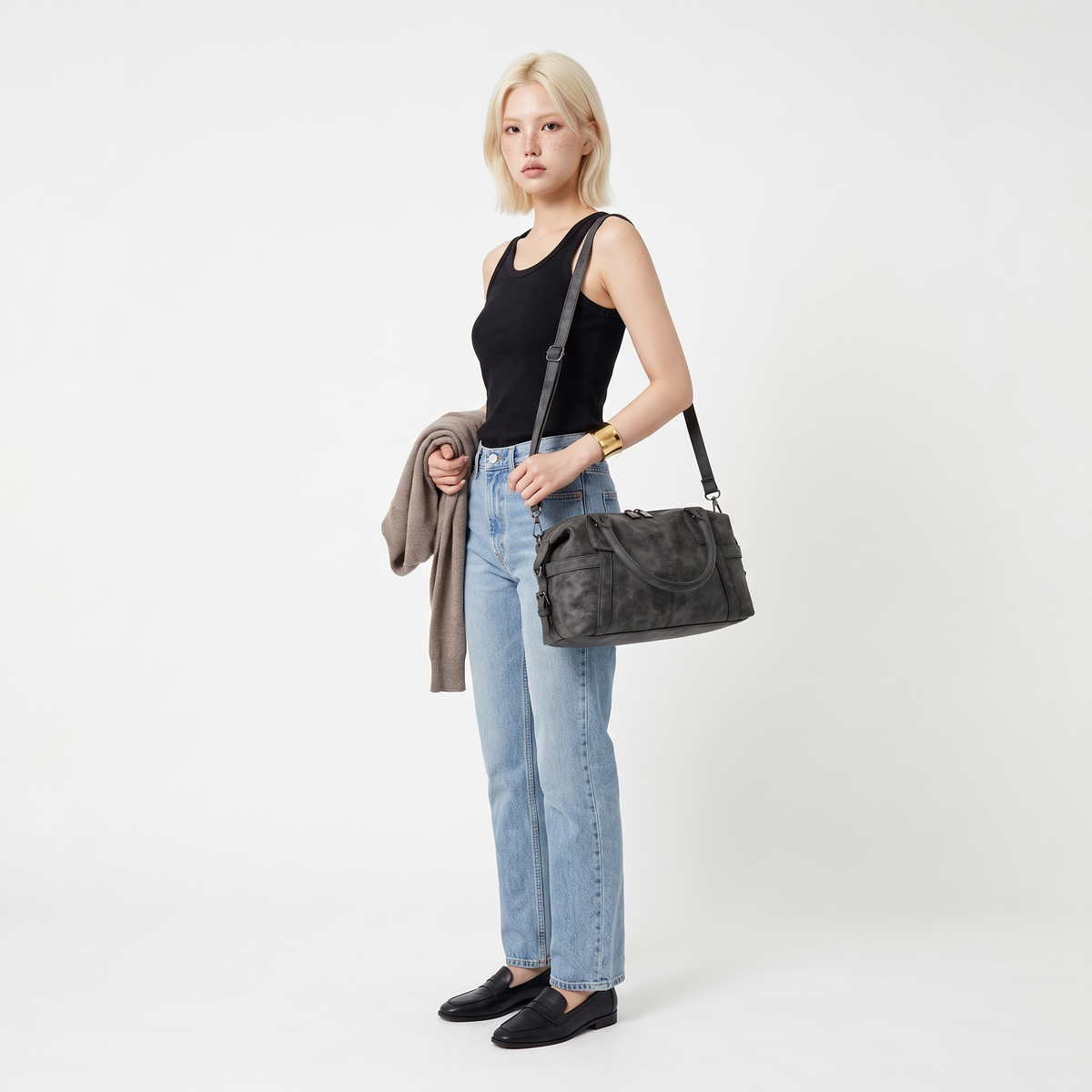 Women's Washed Faux Leather Boston Bag, worn by a model