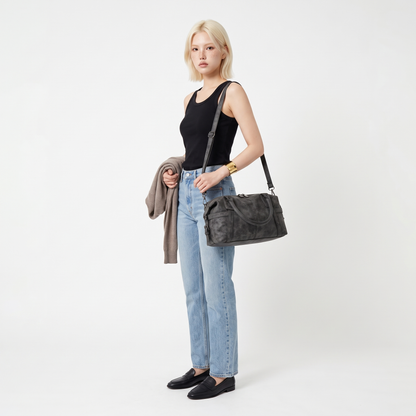 Women's Washed Faux Leather Boston Bag, worn by a model