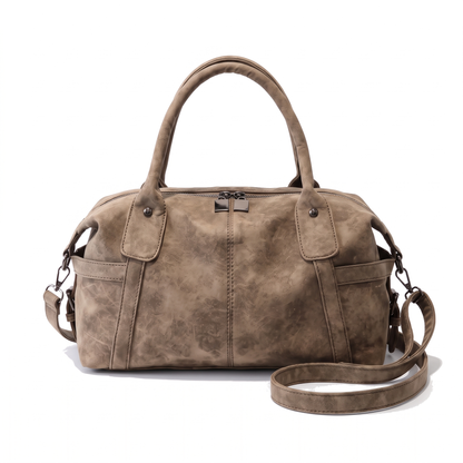 Women's Washed Faux Leather Boston Bag in Taupe