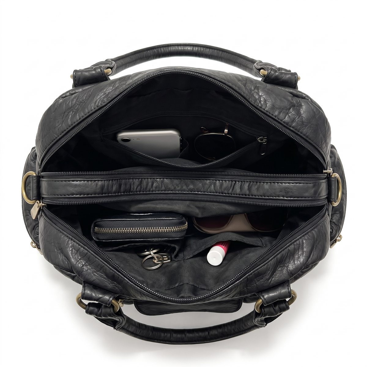 Women's Washed Faux Leather Bowling Bag, interior