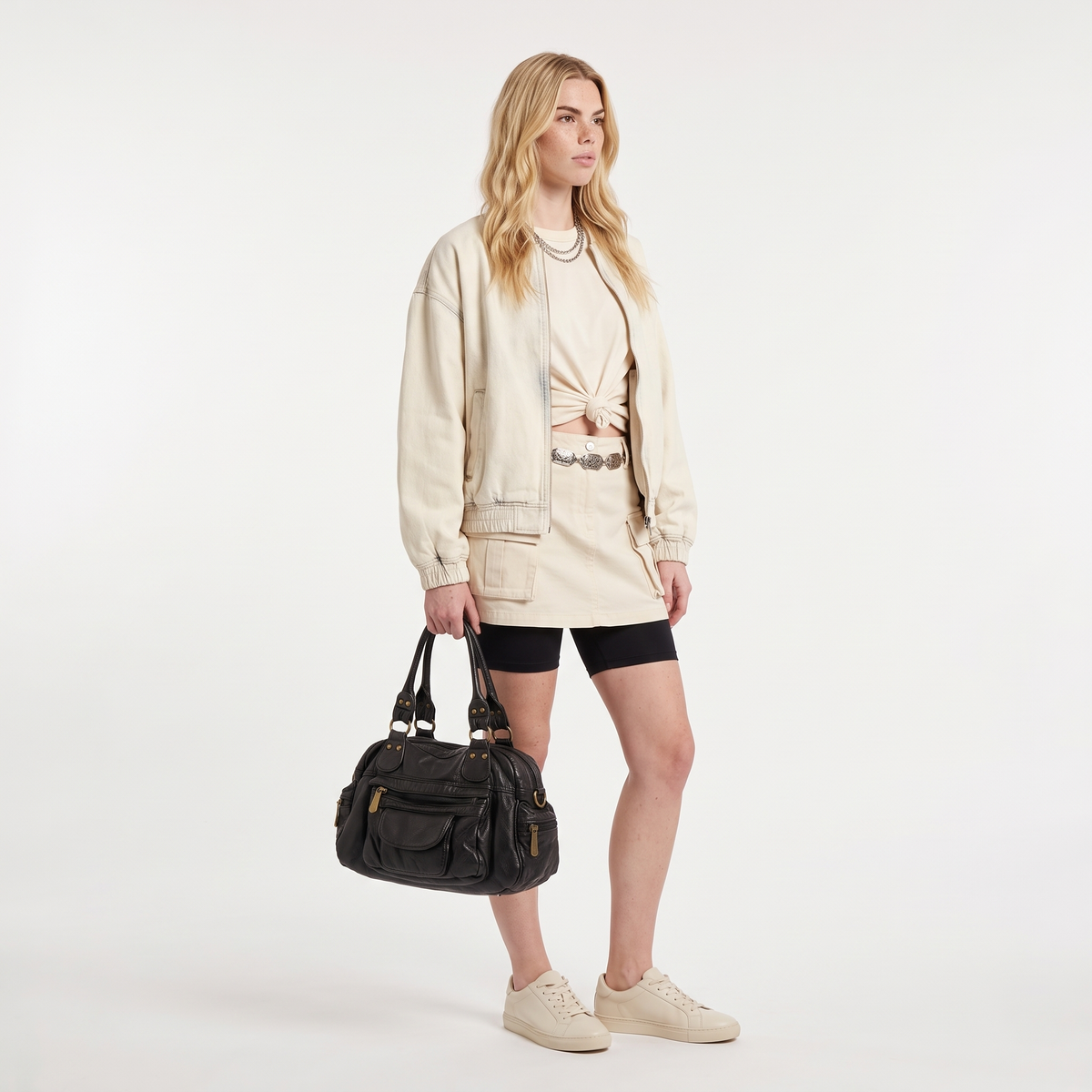 Women's Washed Faux Leather Bowling Bag, worn by a model