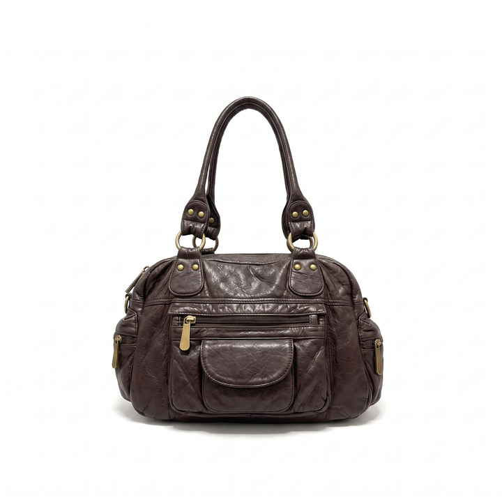 Women's Washed Faux Leather Bowling Bag, Black Y2K Top Handle Handbag — Coffee