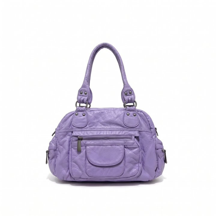 Women's Washed Faux Leather Bowling Bag, Black Y2K Top Handle Handbag — Lilac