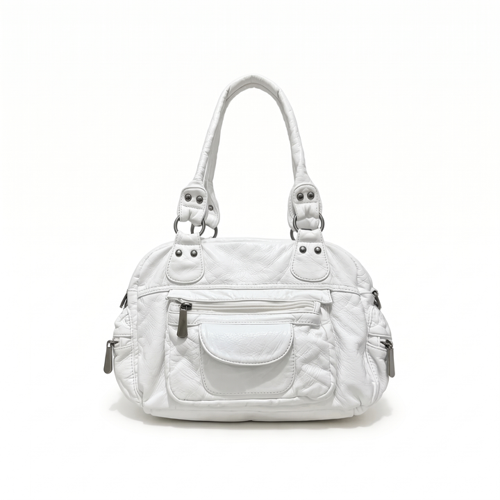 Women's Washed Faux Leather Bowling Bag, Black Y2K Top Handle Handbag — White