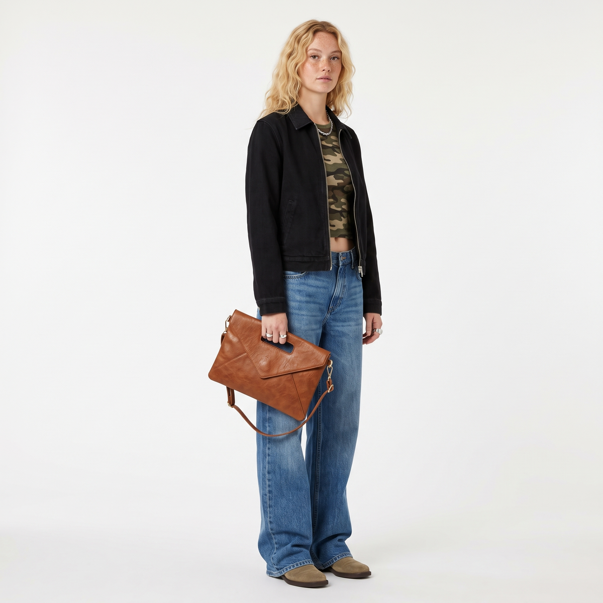 Women's Washed Faux Leather Envelope Clutch, worn by a model
