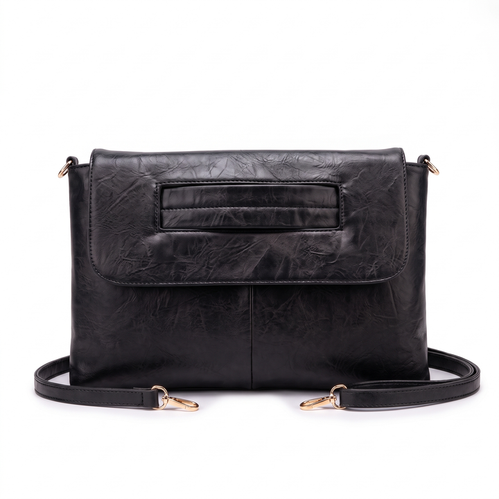Women's Washed Faux Leather Envelope Clutch, Cognac Oversized Clutch Bag — Black