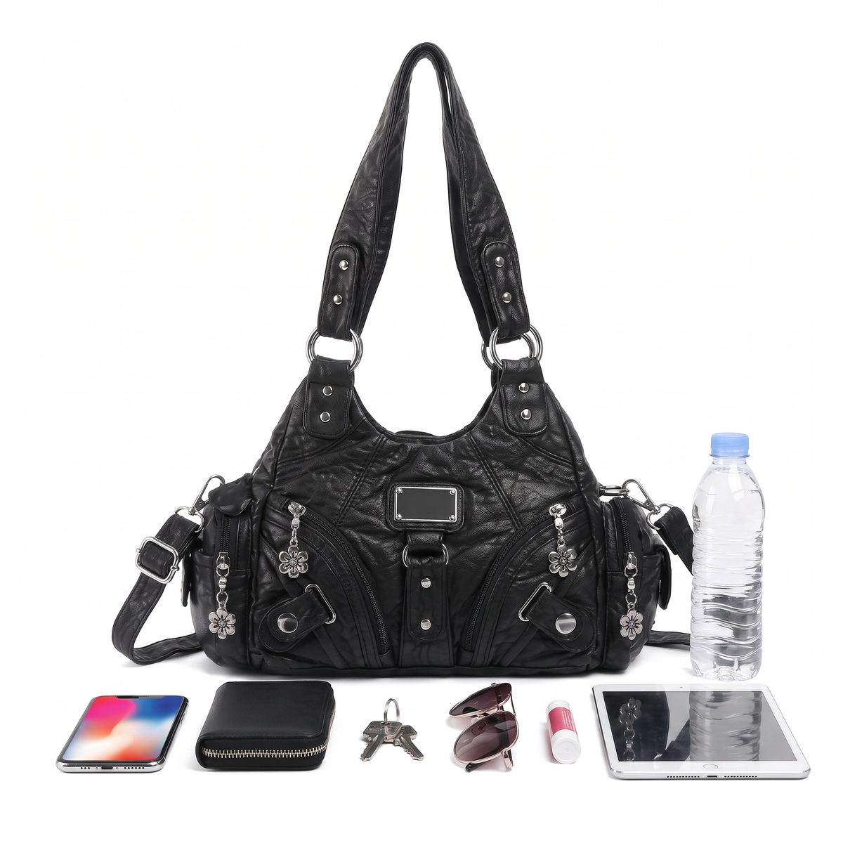 Women's Washed Vegan Leather Hobo Bag, what fits inside