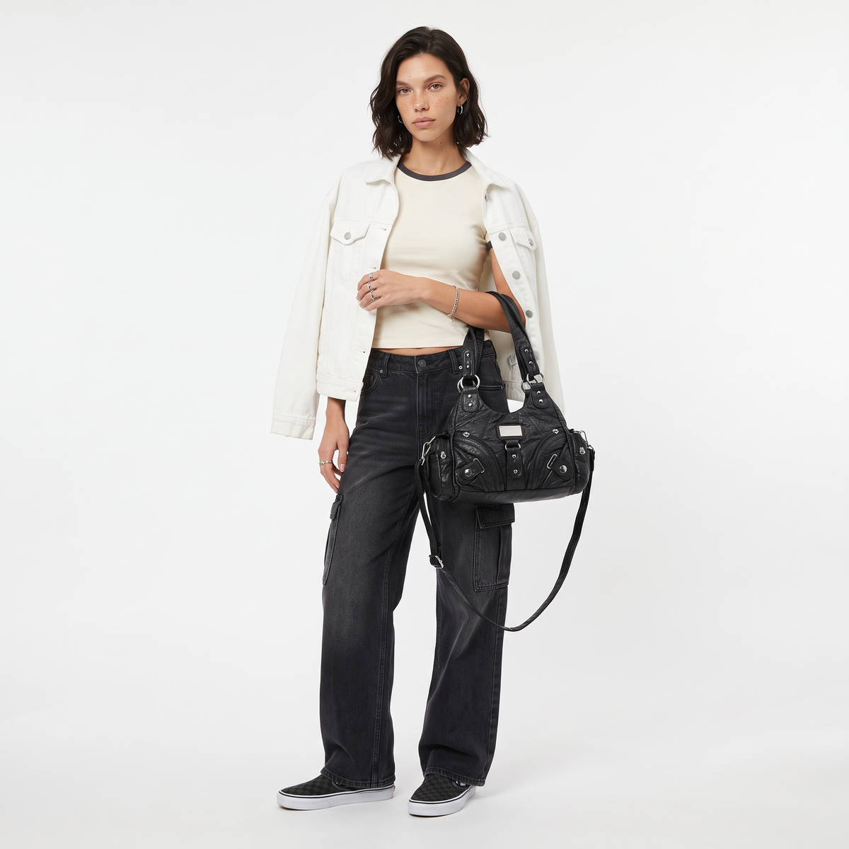 Women's Washed Vegan Leather Hobo Bag, worn by a model