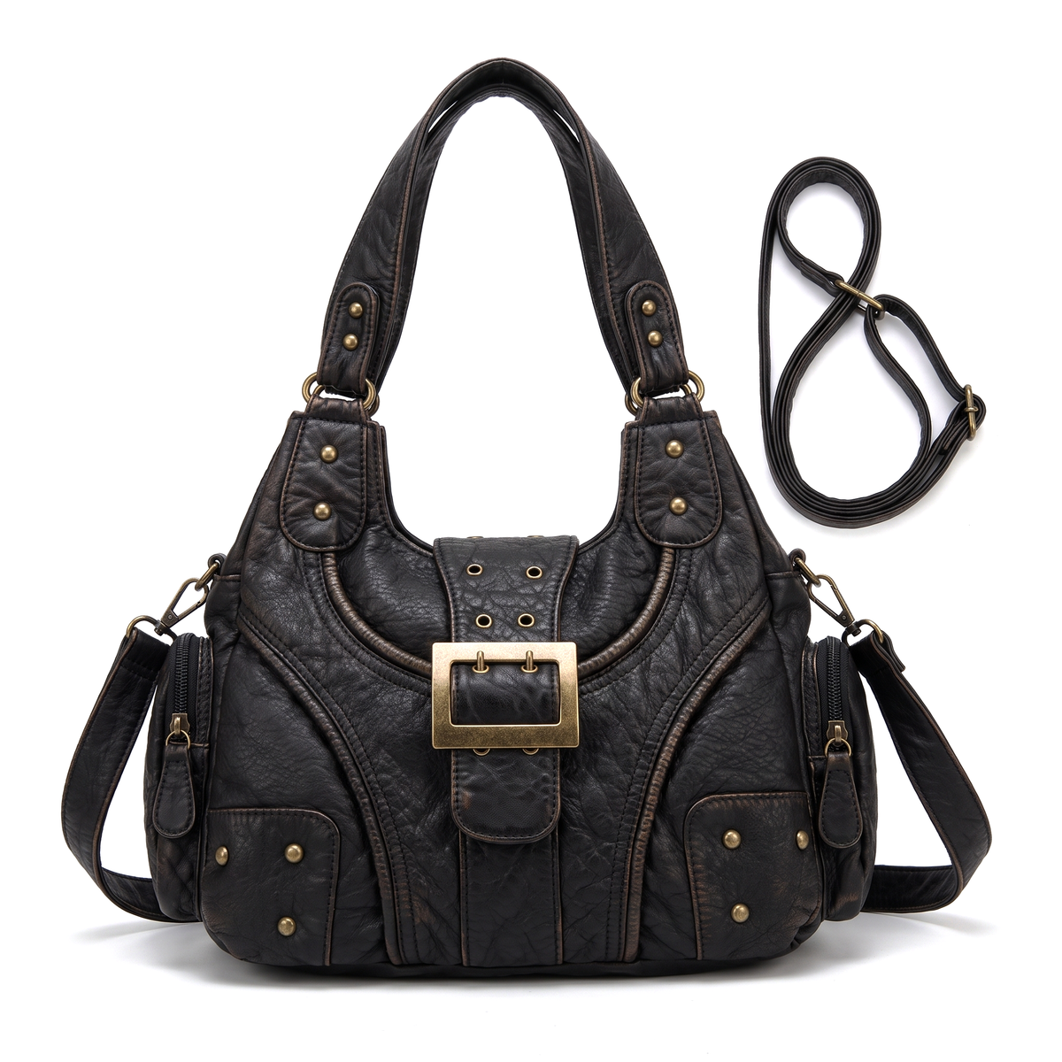 Women's Washed Vegan Leather Hobo Bag, front view