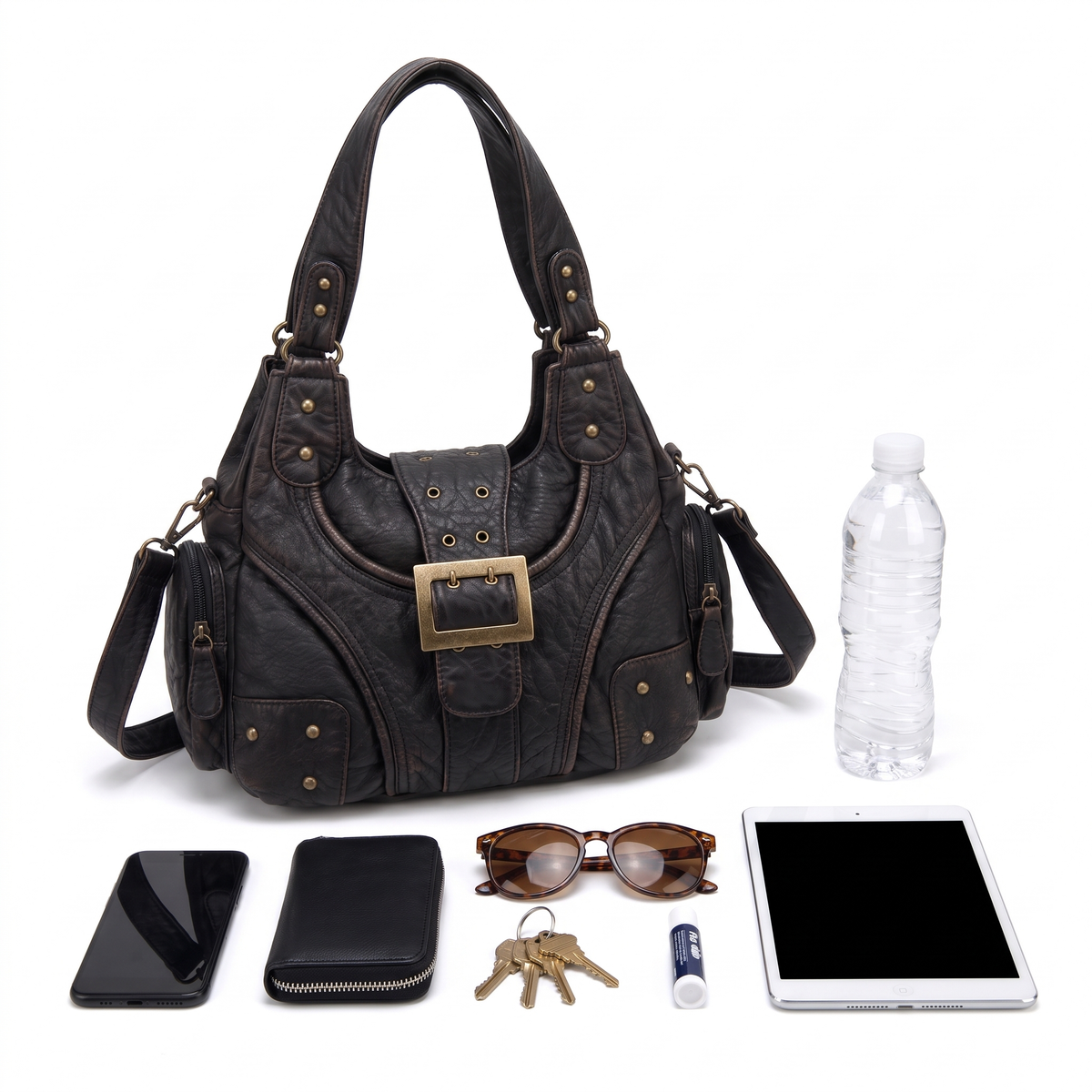 Women's Washed Vegan Leather Hobo Bag, what fits inside