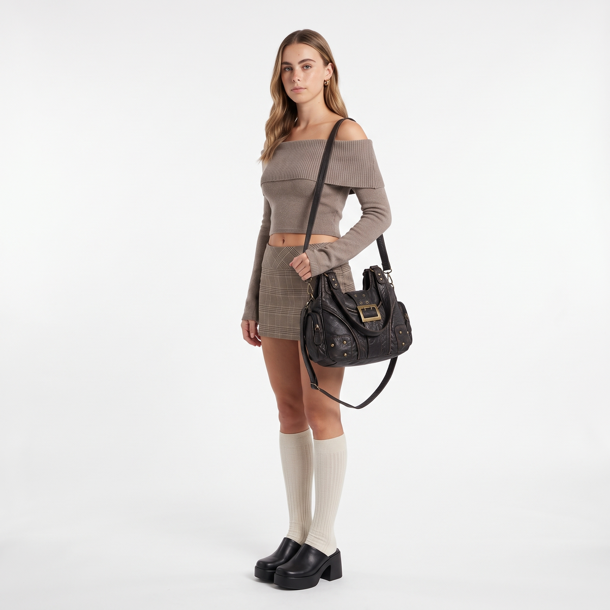 Women's Washed Vegan Leather Hobo Bag, worn by a model
