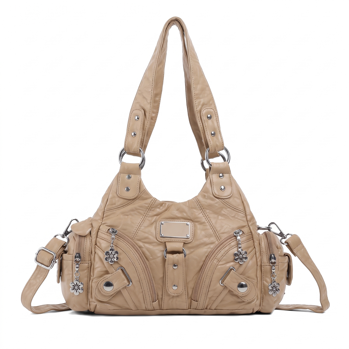 Women's Washed Vegan Leather Hobo Bag in Beige