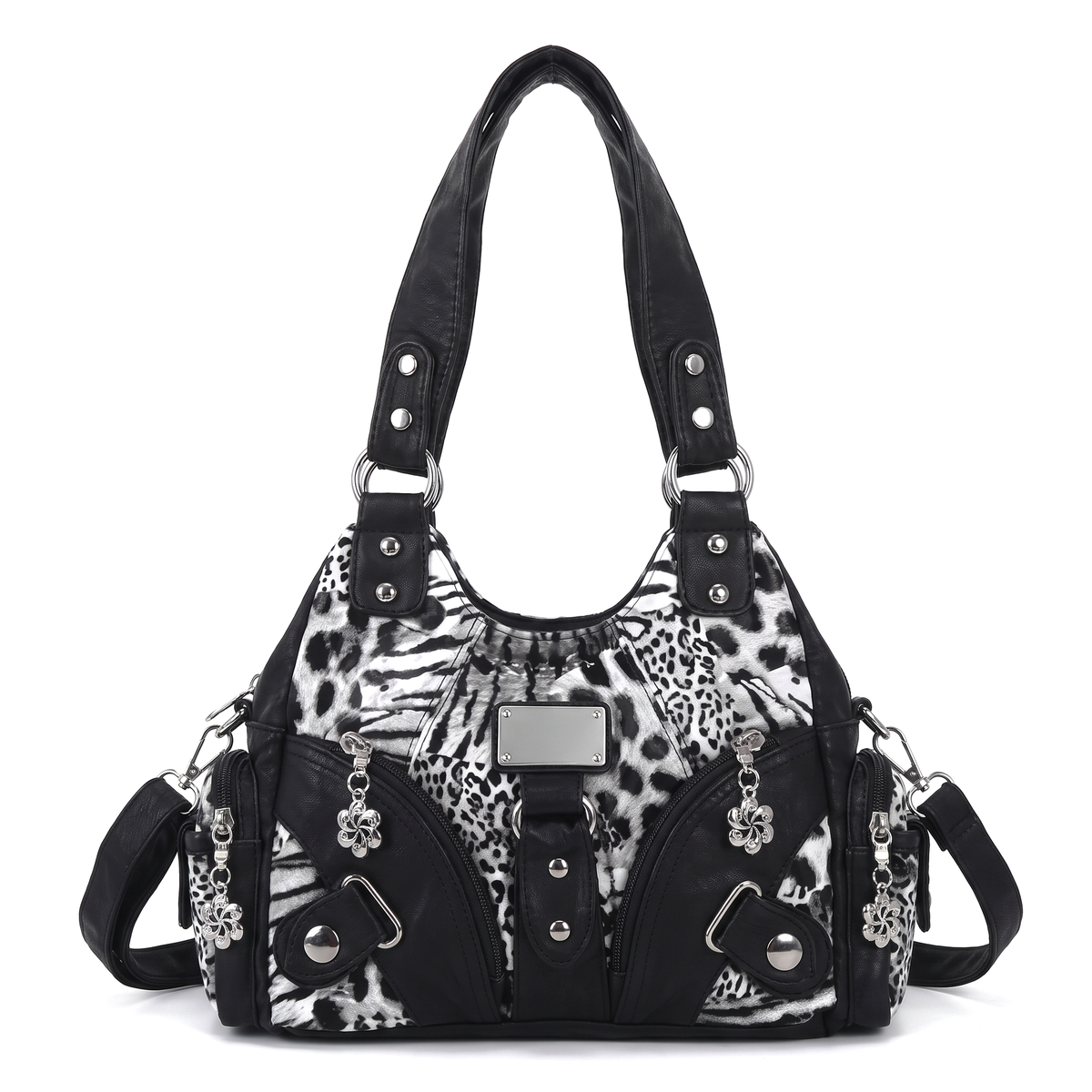 Women's Washed Vegan Leather Hobo Bag in Black and White Leopard