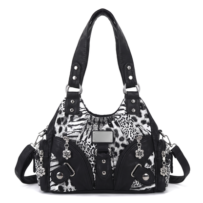 Women's Washed Vegan Leather Hobo Bag in Black and White Leopard