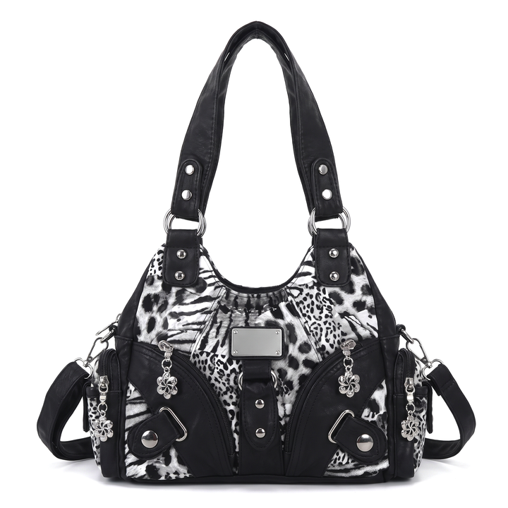 Women's Washed Vegan Leather Hobo Bag, Black Multi Pocket Flower Charm Shoulder Bag — Black and White Leopard
