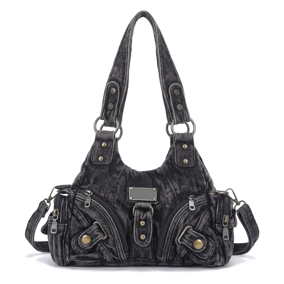 Women's Washed Vegan Leather Hobo Bag in Black Denim