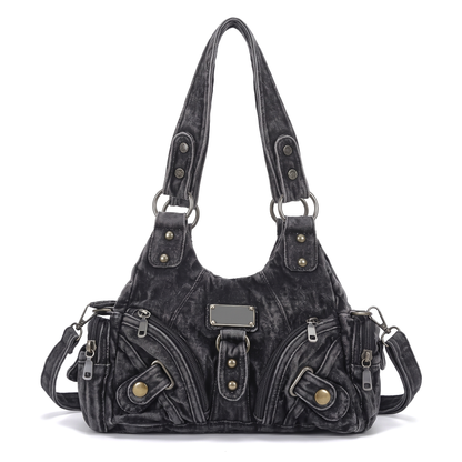 Women's Washed Vegan Leather Hobo Bag in Black Denim