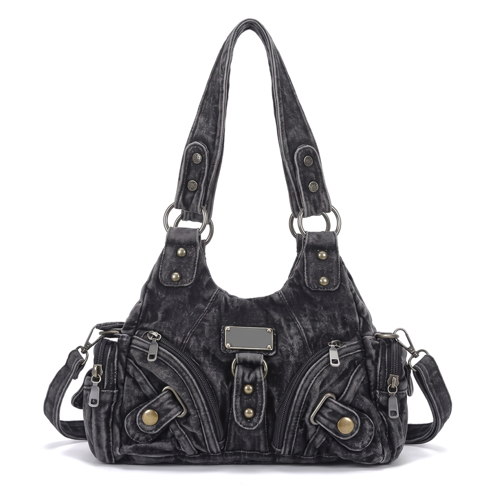Women's Washed Vegan Leather Hobo Bag, Black Multi Pocket Flower Charm Shoulder Bag — Black Denim