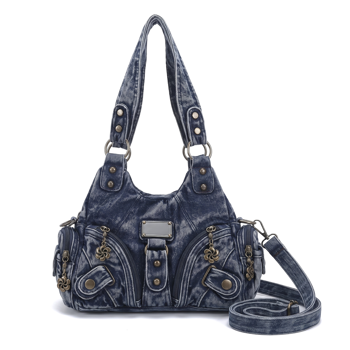 Women's Washed Vegan Leather Hobo Bag in Blue Denim
