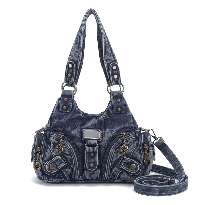 Women's Washed Vegan Leather Hobo Bag, Black Multi Pocket Flower Charm Shoulder Bag — Blue Denim