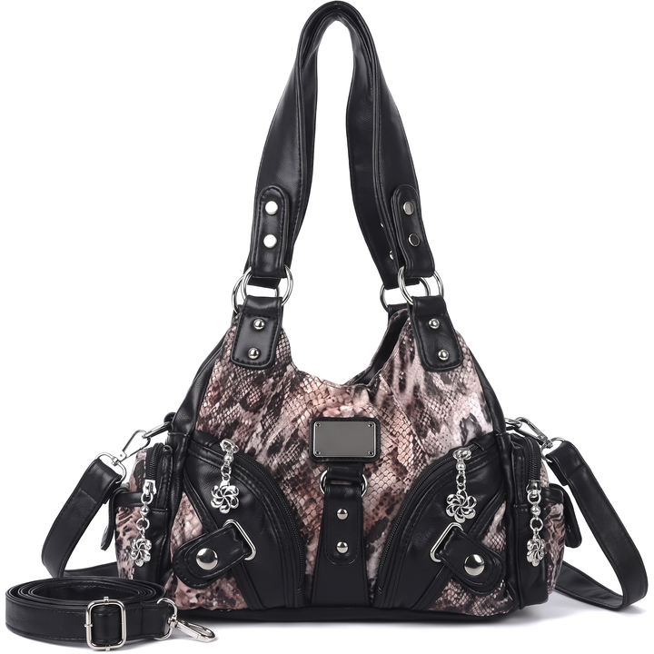 Women's Washed Vegan Leather Hobo Bag, Black Multi Pocket Flower Charm Shoulder Bag — Brown Snake