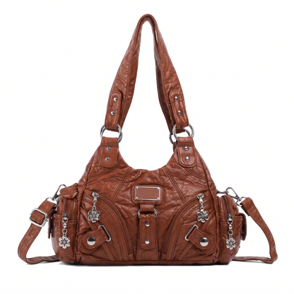 Women's Washed Vegan Leather Hobo Bag in Cognac Brown