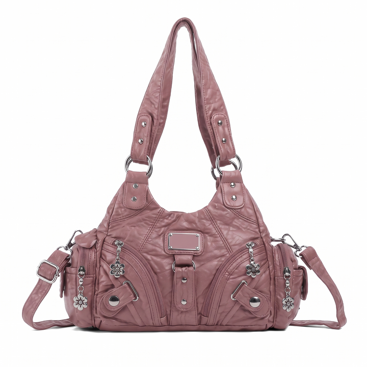 Women's Washed Vegan Leather Hobo Bag, Black Multi Pocket Flower Charm Shoulder Bag — Dusty Pink