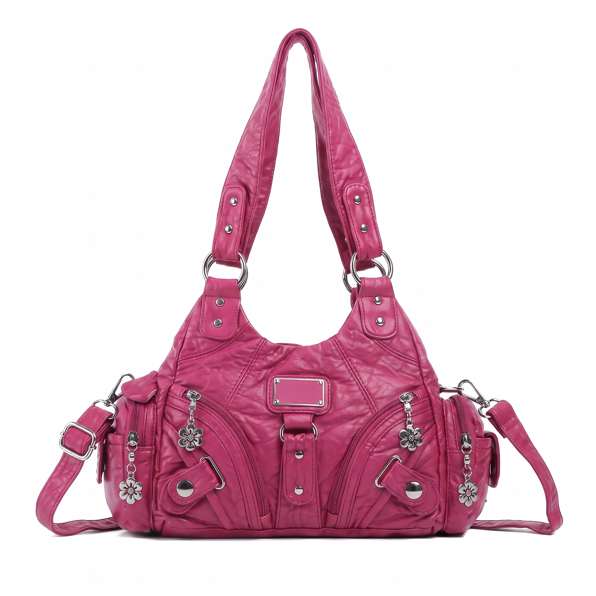 Women's Washed Vegan Leather Hobo Bag in Fuchsia