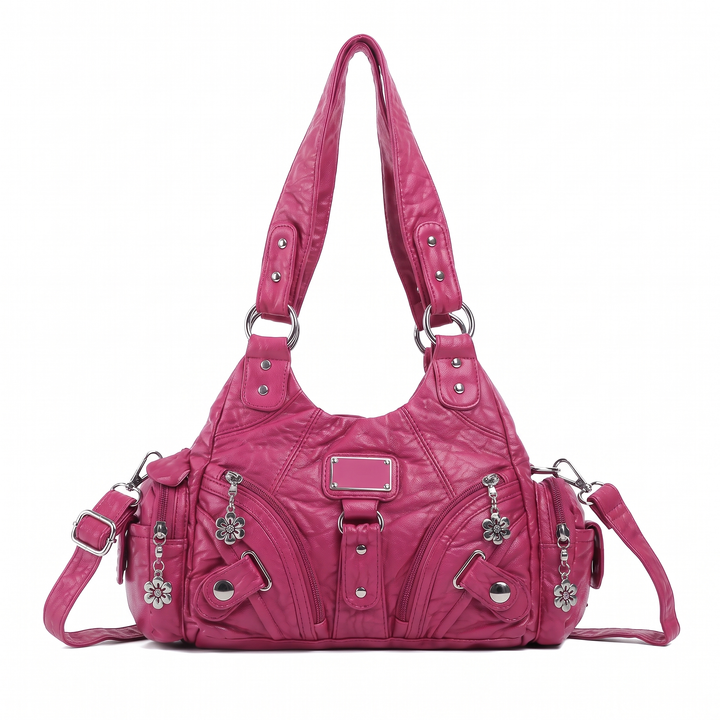 Women's Washed Vegan Leather Hobo Bag, Black Multi Pocket Flower Charm Shoulder Bag — Fuchsia