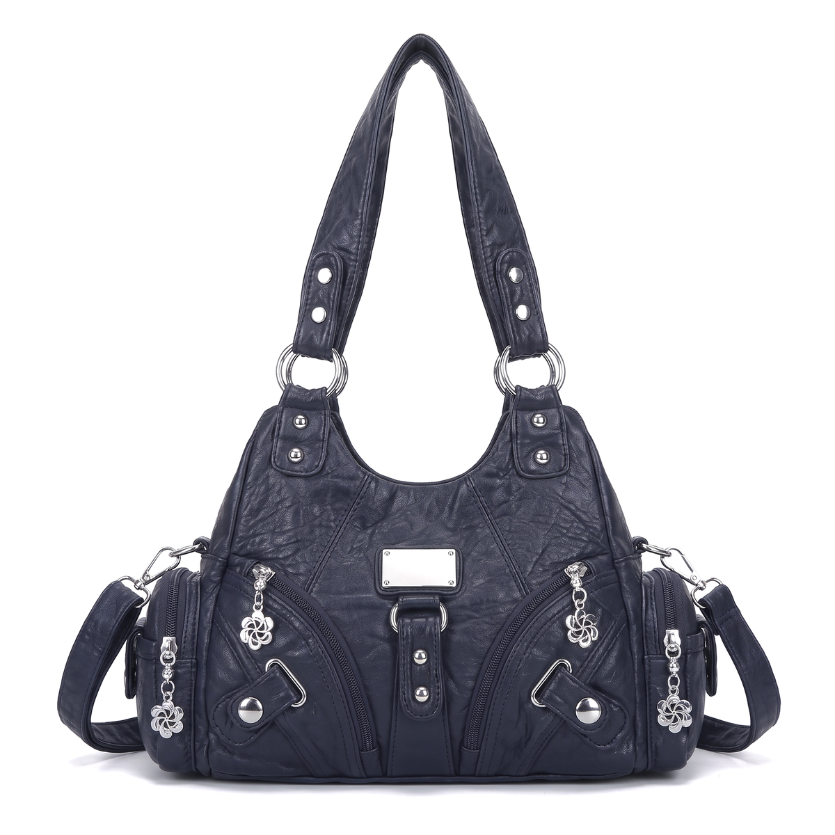 Women's Washed Vegan Leather Hobo Bag in Navy