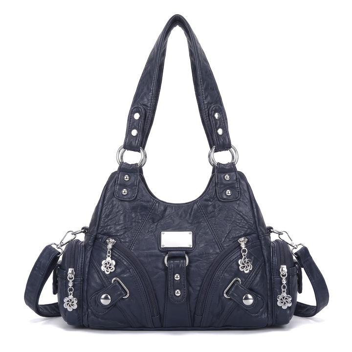 Women's Washed Vegan Leather Hobo Bag, Black Multi Pocket Flower Charm Shoulder Bag — Navy