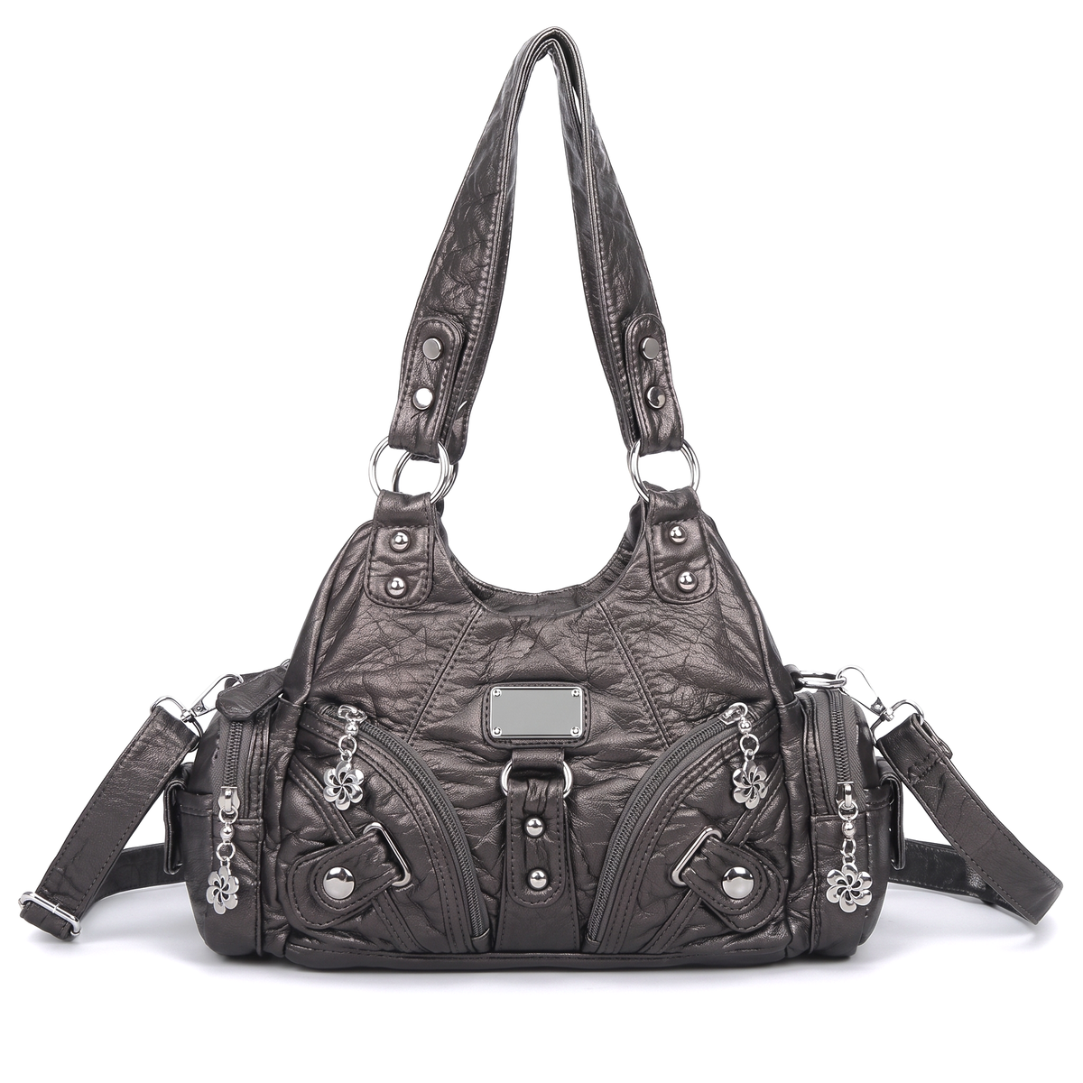 Women's Washed Vegan Leather Hobo Bag in Pewter