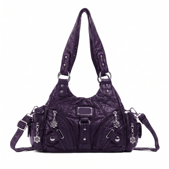Women's Washed Vegan Leather Hobo Bag, Black Multi Pocket Flower Charm Shoulder Bag — Purple