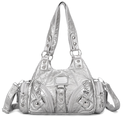 Women's Washed Vegan Leather Hobo Bag in Silver