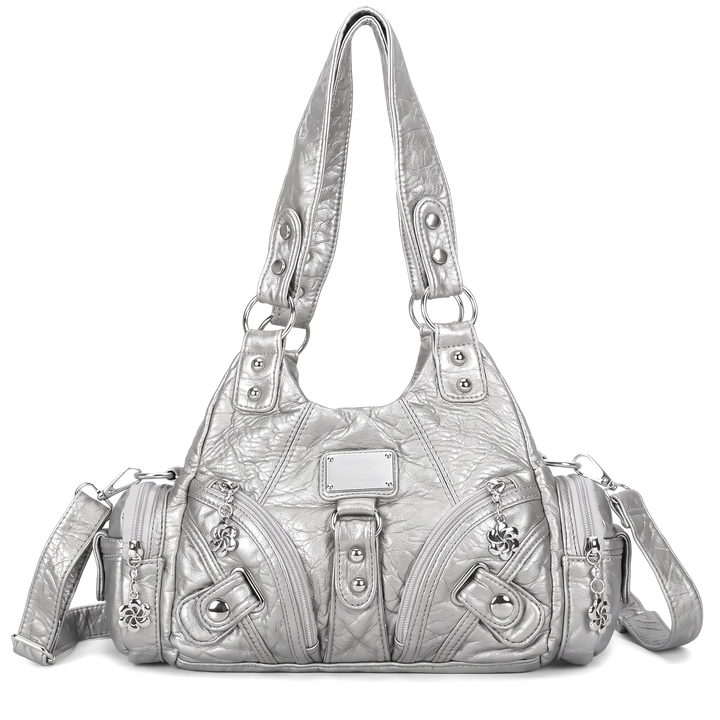 Women's Washed Vegan Leather Hobo Bag, Black Multi Pocket Flower Charm Shoulder Bag — Silver