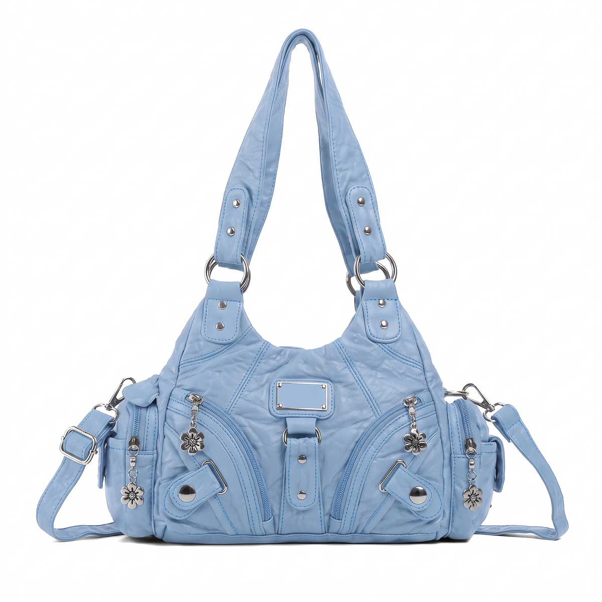 Women's Washed Vegan Leather Hobo Bag in Sky Blue