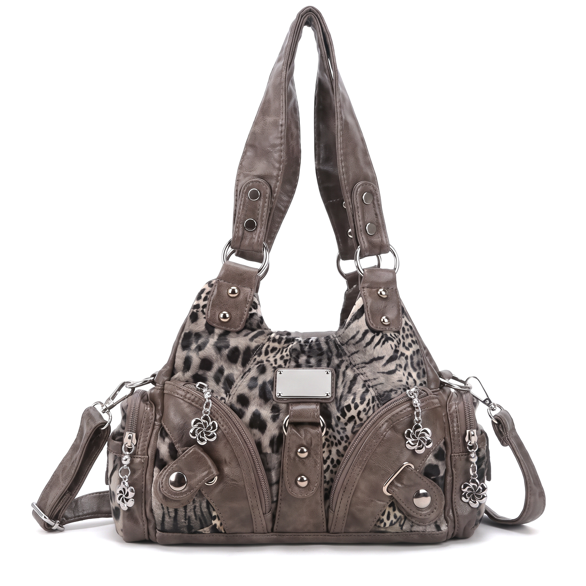Women's Washed Vegan Leather Hobo Bag in Taupe Leopard