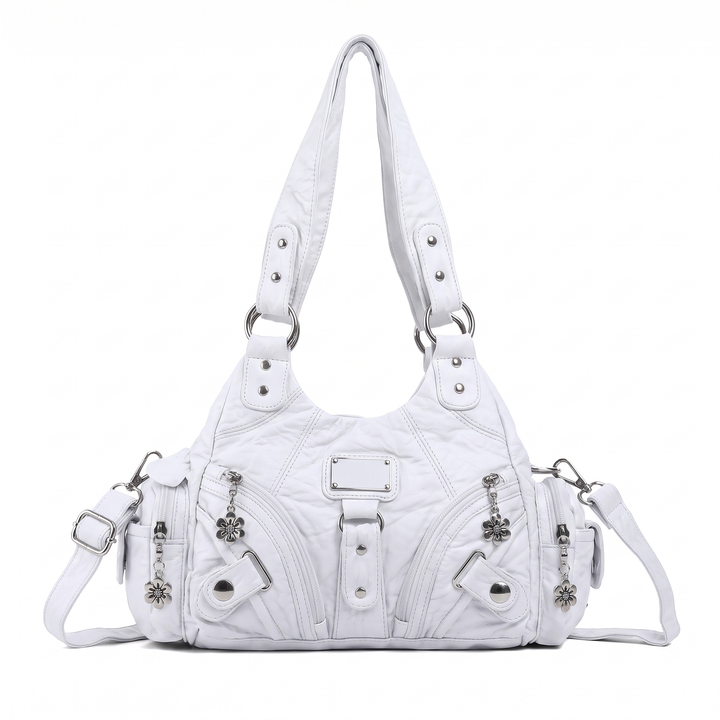 Women's Washed Vegan Leather Hobo Bag, Black Multi Pocket Flower Charm Shoulder Bag — White