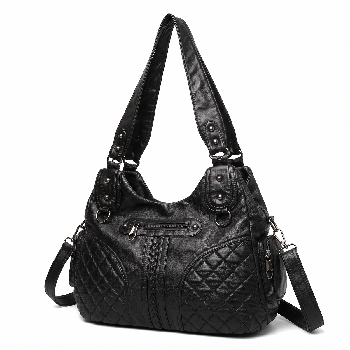 Women's Washed Vegan Leather Hobo Bag, three-quarter view