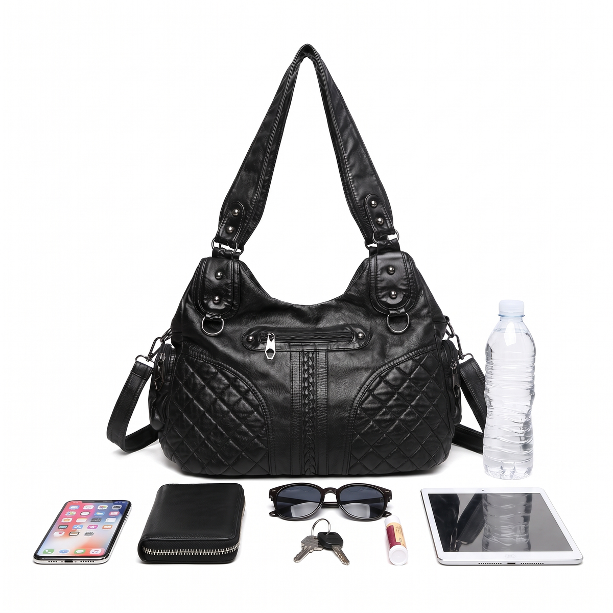 Women's Washed Vegan Leather Hobo Bag, what fits inside