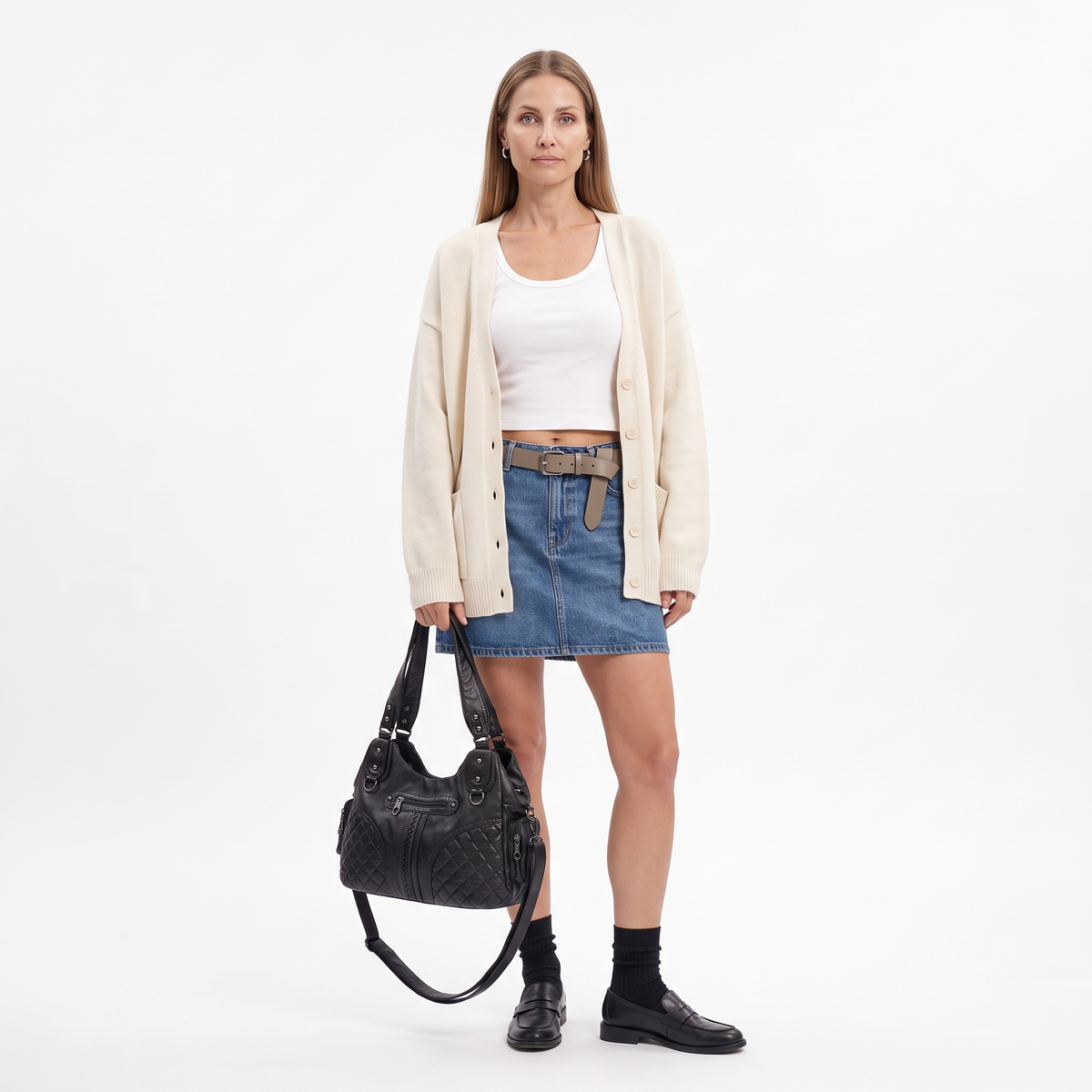 Women's Washed Vegan Leather Hobo Bag, worn by a model