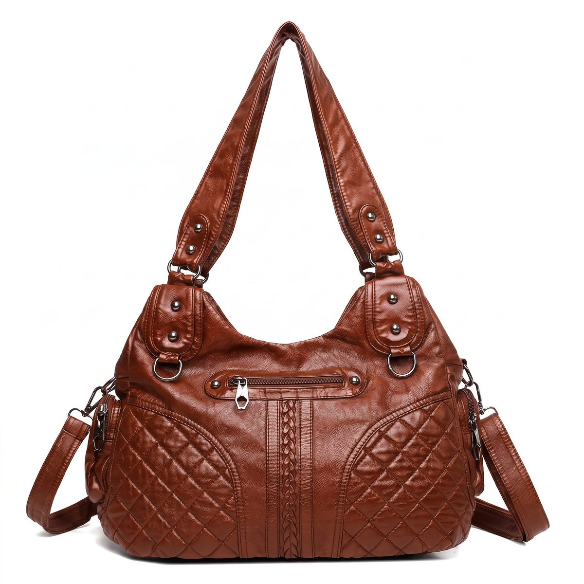 Women's Washed Vegan Leather Hobo Bag in Cognac Brown
