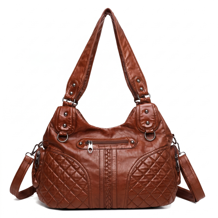 Women's Washed Vegan Leather Hobo Bag, Black Quilted Multi Pocket Shoulder Bag — Cognac Brown