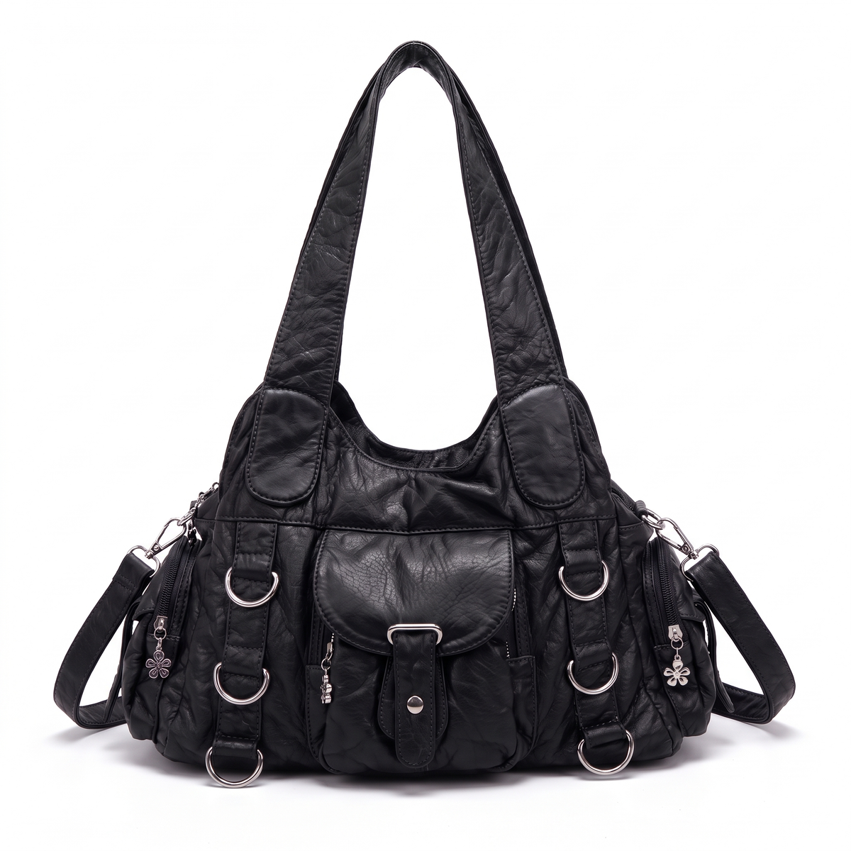 Women's Washed Faux Leather Hobo Bag in Black