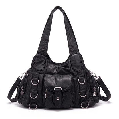 Women's Washed Faux Leather Hobo Bag in Black