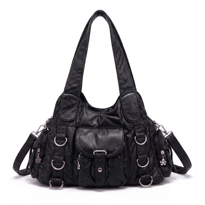 Women's Washed Faux Leather Hobo Bag, Purple Y2K D-Ring Shoulder Bag — Black