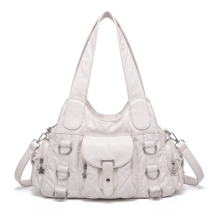 Women's Washed Faux Leather Hobo Bag, Purple Y2K D-Ring Shoulder Bag — Off-White