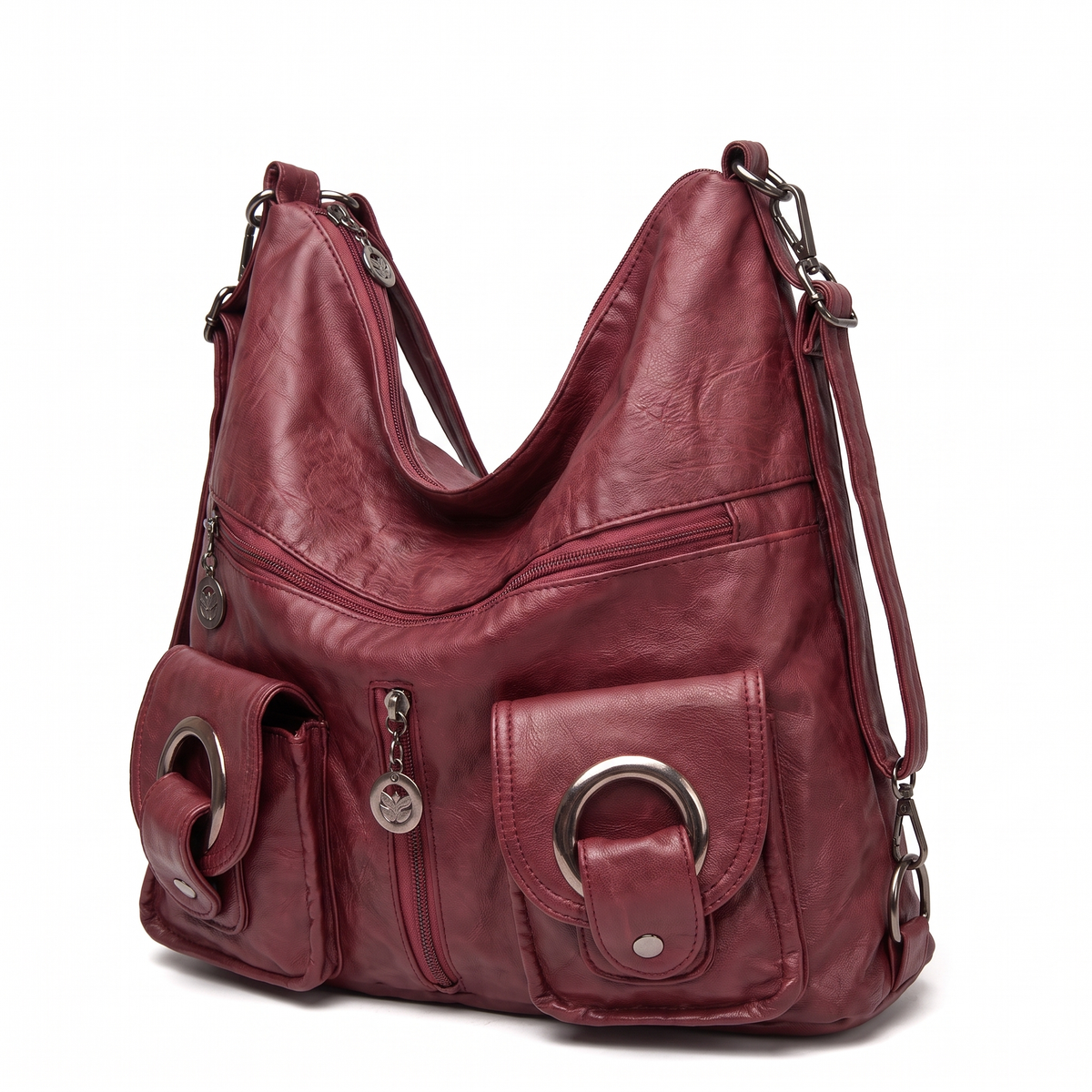 Women's Washed Vegan Leather Hobo Bag, three-quarter view